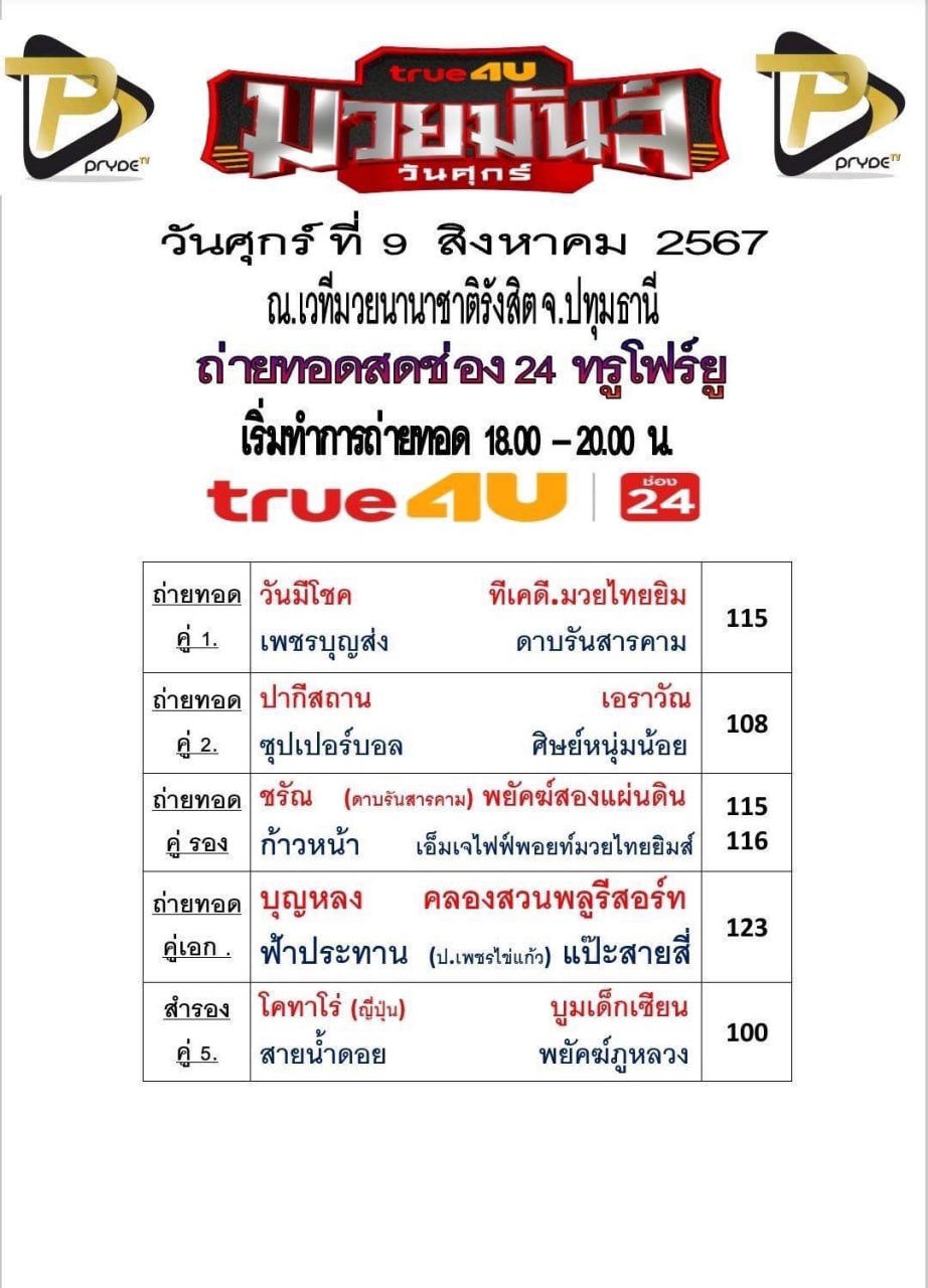 ทีเด็ดมวย ศึกมวยมันวันศุกร์ ประจำวัน 9.8.2024